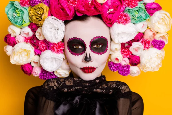 Close-up cropped view portrait of her she nice-looking beautiful baleful spooky scary lady Santa Muerte look calavera art voodoo posing isolated bright vivid shine vibrant yellow color background — Stock Photo, Image