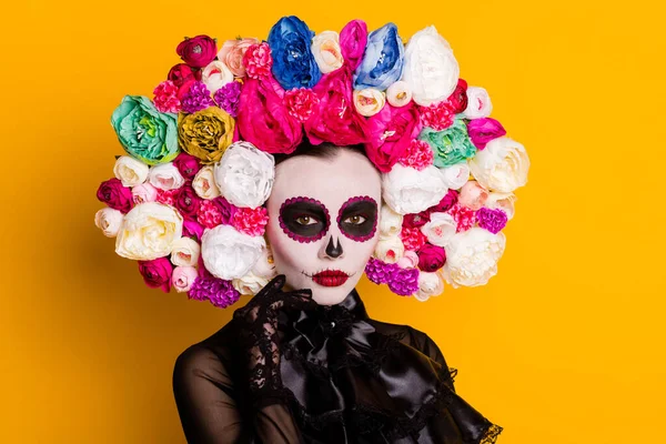 Close-up portrait of her she nice glamorous beautiful serious chic lady wearing Santa Muerte look outfit clothes accessory calavera isolated over bright vivid shine vibrant yellow color background — Stock Photo, Image