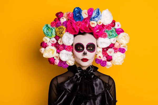 Close-up portrait of her she nice glamorous beautiful serious lady festive look celebratory occasion event Santa Muerte isolated over bright vivid shine vibrant yellow color background — Stock Photo, Image