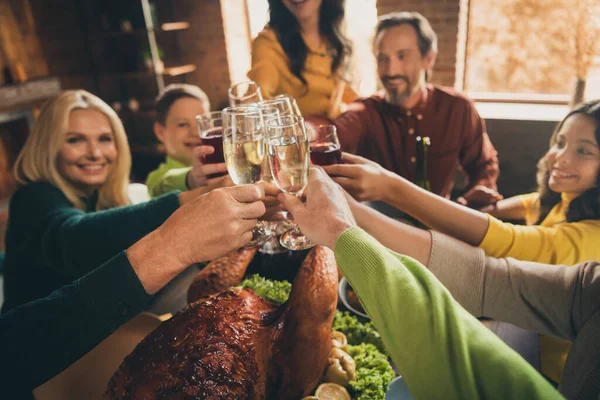Portrait of nice attractive cheerful family small little kids gathering clinking glasses over served table fried homemade turkey festive having fun at modern loft industrial brick interior house — Stock Photo, Image