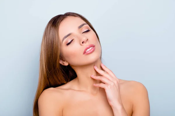 Close-up portrait of her she nice tender winsome attractive lady touching neck silky smooth flawless pure shine clean clear skin closed eyes enjoying isolated over light gray pastel background — Stock Photo, Image