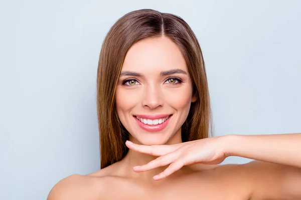 Close-up portrait of her she nice lovely charming attractive adorable cheerful lady showing smooth flawless pure shine skin isolated over light gray background — Stock Photo, Image