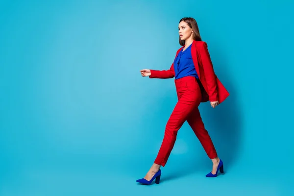 Full length body size side view of her she nice-looking attractive fascinating pretty fashionable office lady walking isolated over bright vivid shine vibrant blue color background — стоковое фото