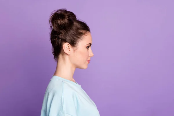 Profile side view photo of clever pretty youth girl listen her worker work job colleagues wear good look clothes isolated vivid color background