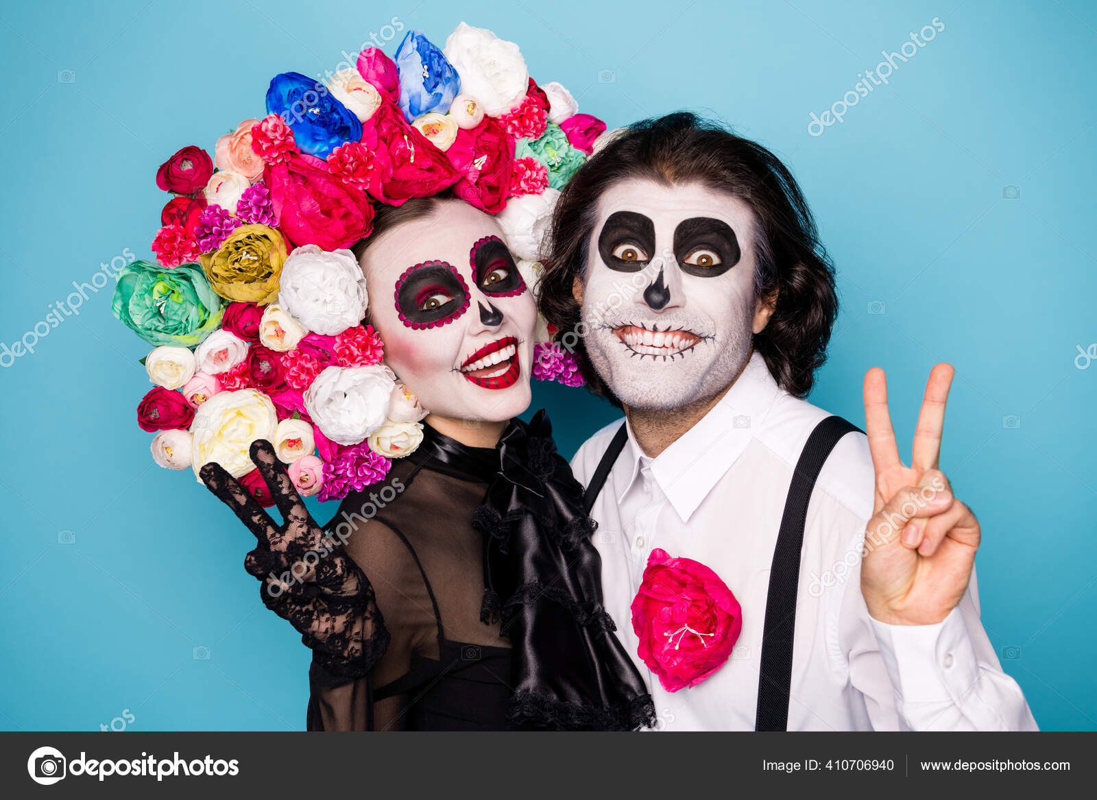 Photo of scary creepy couple man lady cuddle show v-sign make message ...