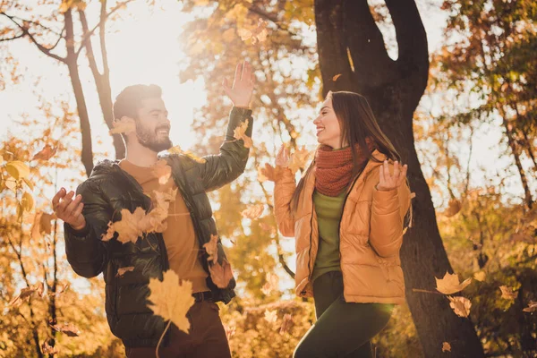 Låg vinkel visa foto av positiva par kasta september blad i staden faller utanför park slitage säsong rockar — Stockfoto