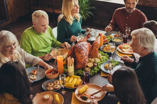 Cropped photo holiday table family relatives gathering thanks giving dinner communication talk living room indoors — Stock Photo, Image