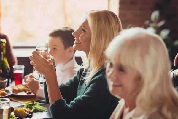 Alte schöne Großmütter kommunizierende Verwandte hören Toasts Danksagung Abendessen Haus Wohnzimmer drinnen — Stockfoto