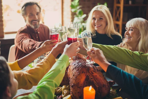 Fotografie plné rodiny mnoho členů díky dává party krocan servírované večeře nápoj šumivé víno říkají toast obývací pokoj indoors — Stock fotografie