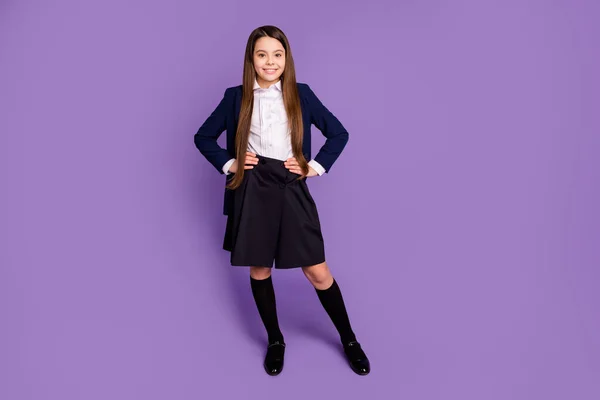 Full length body size view of her she nice attractive lovely cheerful content schoolchild posing back to school new year autumn fall hands on hips isolated on violet lilac pastel color background — Stock Photo, Image