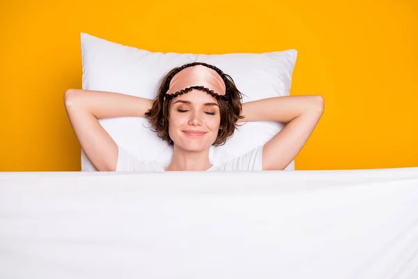 Top view above high angle flat lay flatlay lie concept close-up portrait of nice lovely dreamy girl sleeping enjoying asleep isolated on bright vivid shine vibrant yellow color background