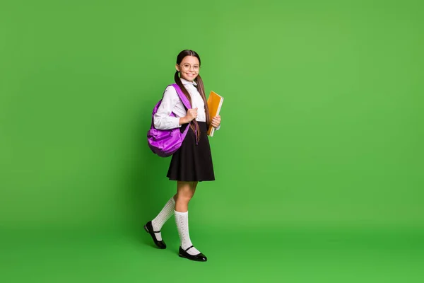 Retrato fotográfico de una colegiala que va adelante sosteniendo libros en la mano con una mochila violeta en el hombro aislada sobre un fondo de color verde vivo con espacio de copia —  Fotos de Stock