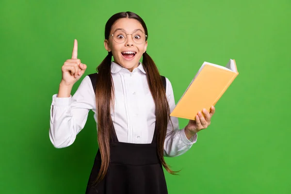 Photo of lovely cute little lady in front of blackboard hold book open mouth direct finger up find solution exam preparation advice wear white shirt glasses isolated green color background — Stock Photo, Image