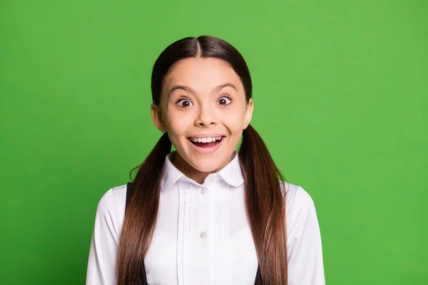 Foto de linda menina bonita rabo de cavalo penteado estudante animado sorrindo mãe permitir vir para casa colegas de classe fazer lição de casa vestir uniforme camisa branca isolado cor verde fundo — Fotografia de Stock