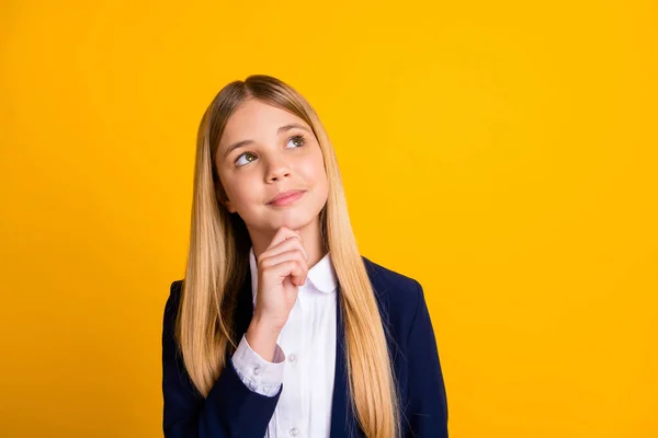 Close-up portrait of her she nice attractive minded genius brainy schoolchild nerd creating strategy science academic progress isolated bright vivid shine vibrant yellow color background — Stock Photo, Image