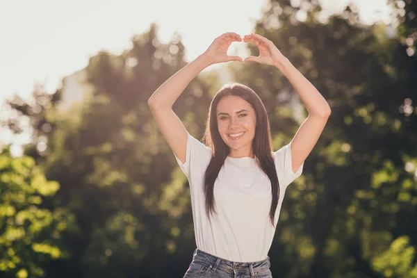 Portrait of her she nice-looking charming cheful cheful affectionate girl enjoyed good Valentine day fresh air show heart shape symbol together forever — Stok Foto