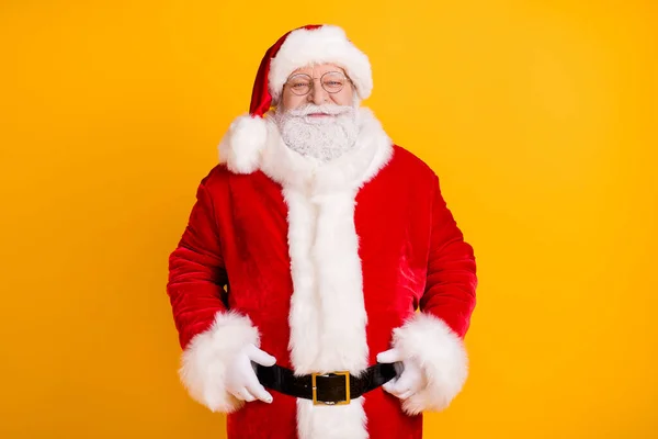 Photo of santa claus enjoy magic miracle fairy dream x-mas party celebration wear red costume isolated over bright shine color background — Stock Photo, Image