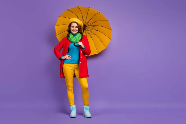 Comprimento total tamanho do corpo vista dela ela agradável-olhando atraente linda bonita encantadora alegre alegre menina de cabelos ondulados segurando guarda-chuva posando isolado em violeta lilás roxo fundo cor pastel — Fotografia de Stock