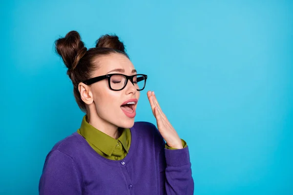 Close-up portrait of her she nice attractive pretty smart clever intellectual girl geek yawning overworked isolated on bright vivid shine vibrant blue green teal turquoise color background — Stock Photo, Image