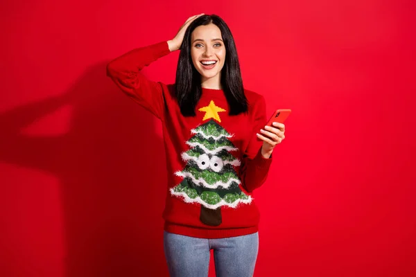 Portrait of her she nice attractive lovely glad amazed cheerful cheery girl using gadget app 5g shopping fast delivery order good news isolated bright vivid shine vibrant red color background — Stock Photo, Image