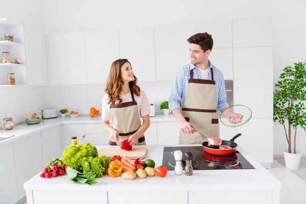 Dröm harmoni två personer älskare njuta av helgen matlagning recept man steka pan nötkött kött middag flicka skära kniv peppar utseende vill ha stor familj romantisk dejt middag i huset kök inomhus — Stockfoto