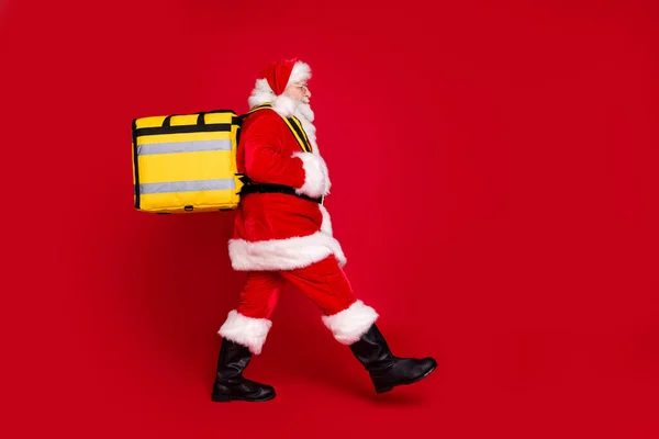Tam boy vücut ölçüsü profili. Yakışıklı, şişman, kilolu Noel Baba. Müşteri siparişi taşıyor. — Stok fotoğraf