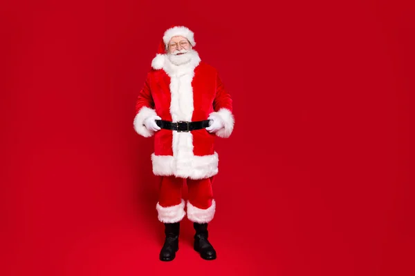 Full length body size view of he nice attractive beautiful content kind cheery Santa father wearing festal winter season look outfit newyear απομονωμένο φωτεινό έντονο λαμπερό κόκκινο χρώμα φόντο — Φωτογραφία Αρχείου