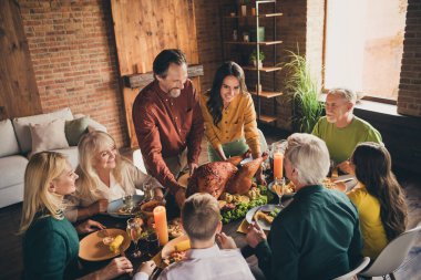 Photo of full family eight people gathering bristled father wife stand hold stuffed roasted turkey cutlery harmony chatting served dinner big table generation in evening living room indoors clipart