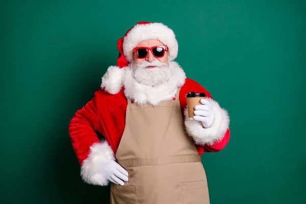 Portret jego miły przystojny pewny siebie brodaty wesoły tłusty pracownik Santa kelner noszący fartuch pijący latte cappuccino sprzedający sklep z napojami zabrać usługi odizolowane zielony kolor tła — Zdjęcie stockowe