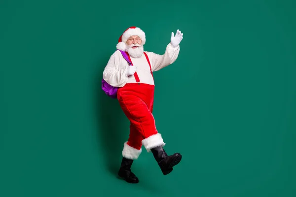 Plná délka tělo velikost profilu boční pohled na jeho pěkný hezký veselý tuk nadváha vousatý Santa jít zpět do školy podzim znalosti trend izolované zelené barvy pozadí — Stock fotografie