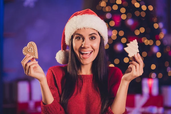 Portrait photo d'une femme tenant des biscuits au pain d'épice arbre du cœur à l'intérieur — Photo