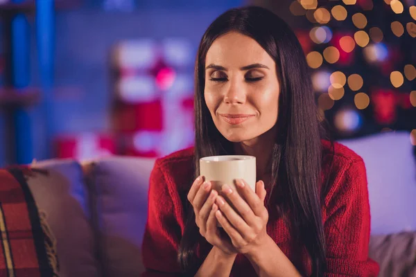 Portrait photo de femme sentant arôme de boisson fraîche tenant tasse avec deux mains dans la maison avec décoration de Noël — Photo