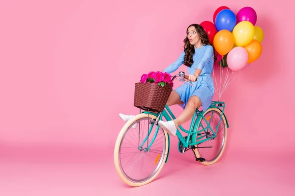 Volledige lichaamslengte uitzicht van aantrekkelijke meisjesachtige vrolijke golvende-harige dame rijden fiets zonder benen dragen feestelijke vakantie decoratie hebben plezier jicht lippen geïsoleerde roze pastel kleur achtergrond — Stockfoto