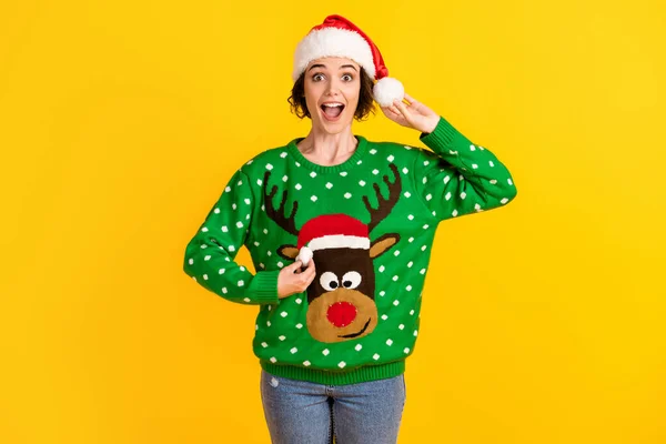 Crazy girl ready x-mas christmas atmosphere theme party hold pompon headwear redindeer decor sweater jumper impressed wear denim jeans isolated bright shine color background — Stock Photo, Image