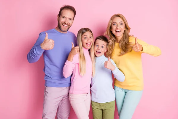 Foto von aufgeregten Familie Vater Mutter und zwei kleine Kinder Junge Mädchen zeigen Daumen hoch Zeichen isoliert über pastellfarbenen Hintergrund — Stockfoto