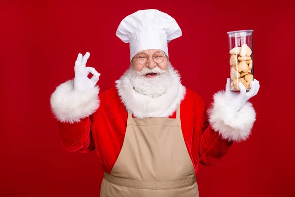 Photo of white grey hair bearded santa claus hold bake ginger bread cookies show okay sign wear chef headwear apron costume isolated bright shine color background — Stock Photo, Image