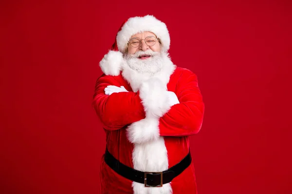 Photo of crazy funky fat santa claus cross hands x-mas christmas newyear party wear red costume belt headwear isolated over bright shine color background — Stock Photo, Image