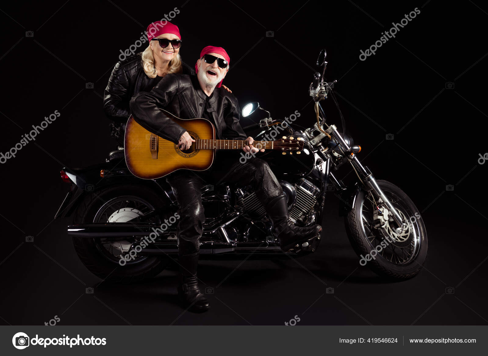 Photo of aged bikers man lady couple sit chopper moto feel young