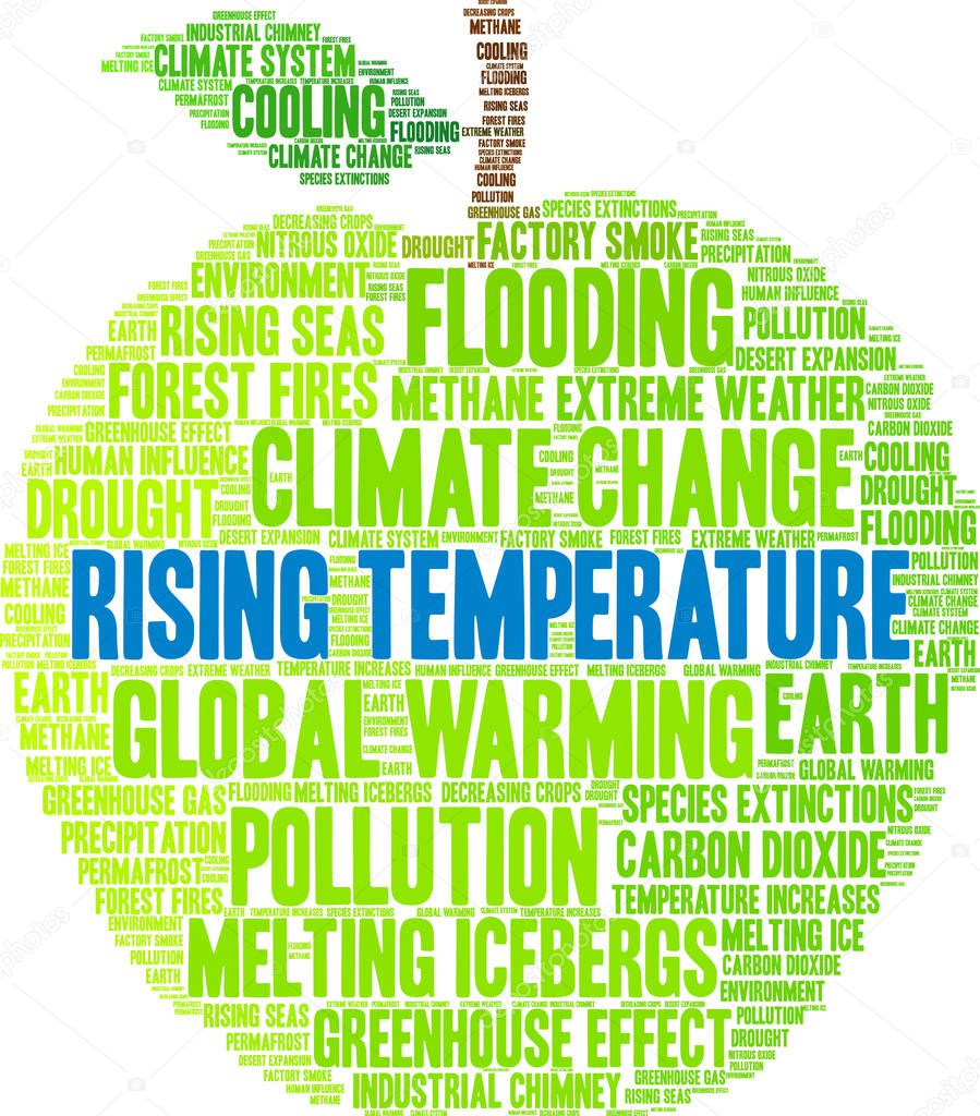 Rising Temperature word cloud on a white background. 