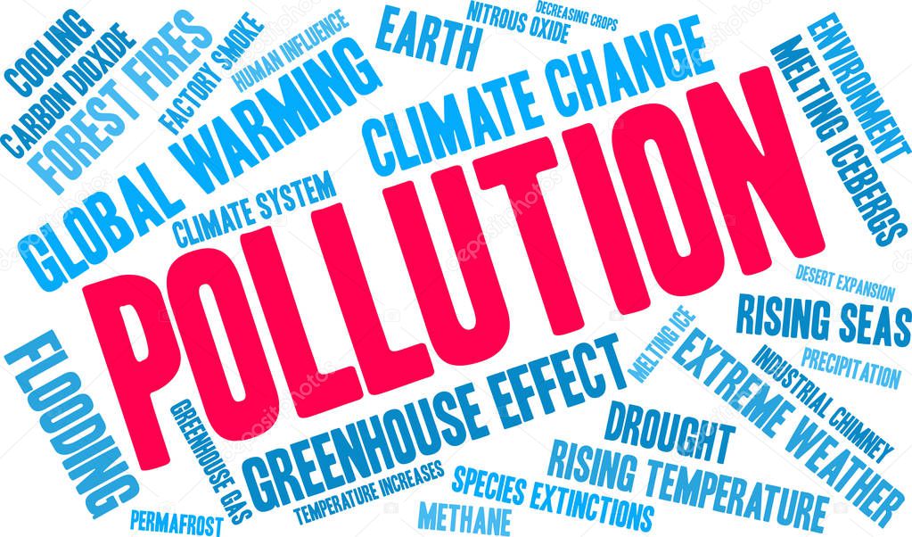 Pollution word cloud on a white background. 