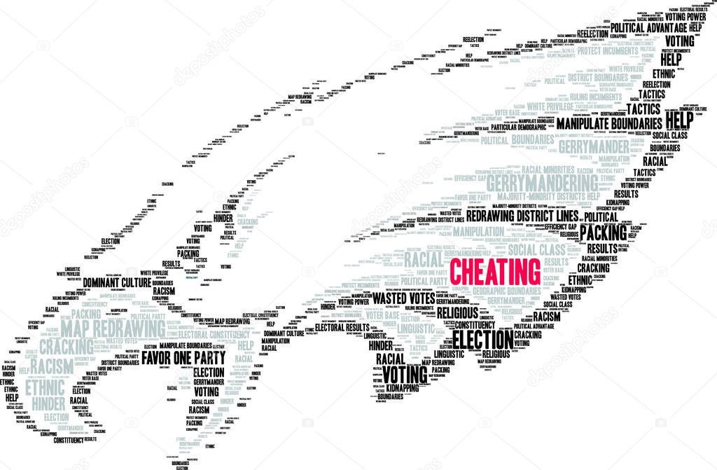 Cheating with Gerrymandering word cloud on a white background. 