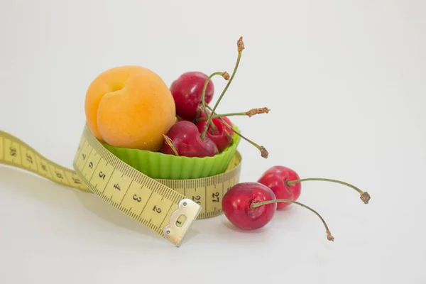 Apricot Cherries Mufffin Cup Measuring Tape Concept Replacing Sugar Fruits — Stock Photo, Image