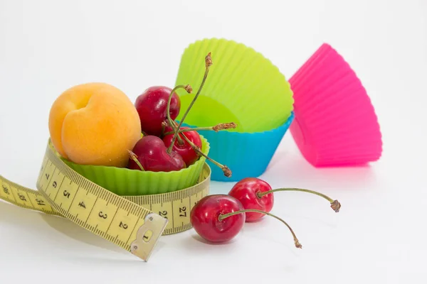 Apricot Cherries Mufffin Cup Measuring Tape Concept Replacing Sugar Fruits — Stock Photo, Image