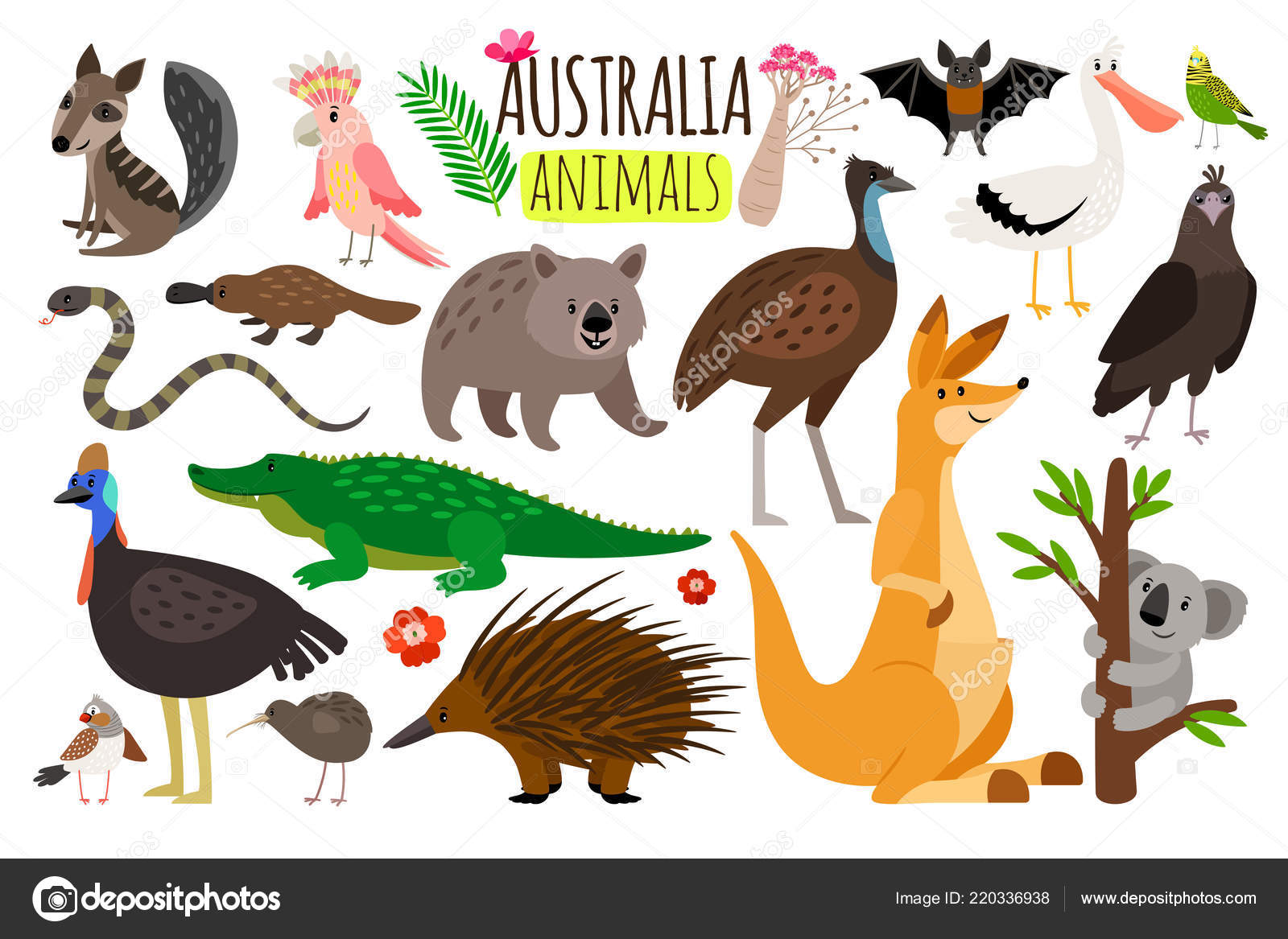 Download Australian Animals Vector Animal Icons Of Australia Kangaroo And Koala Wombat And Ostrich Emu Vector Image By C Ssstocker Vector Stock 220336938