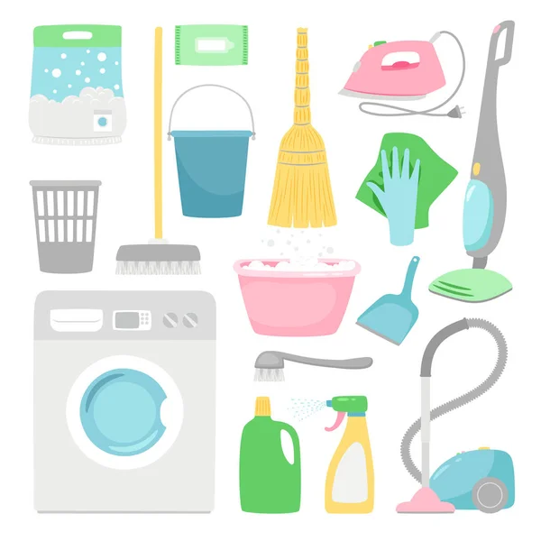 Household cleaning. House clean inventory isolated on white background, domestic washing supplies vector illustration