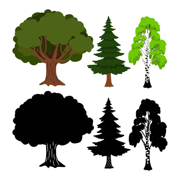 Forest tree vector elements. Green ans black silhouettes trees