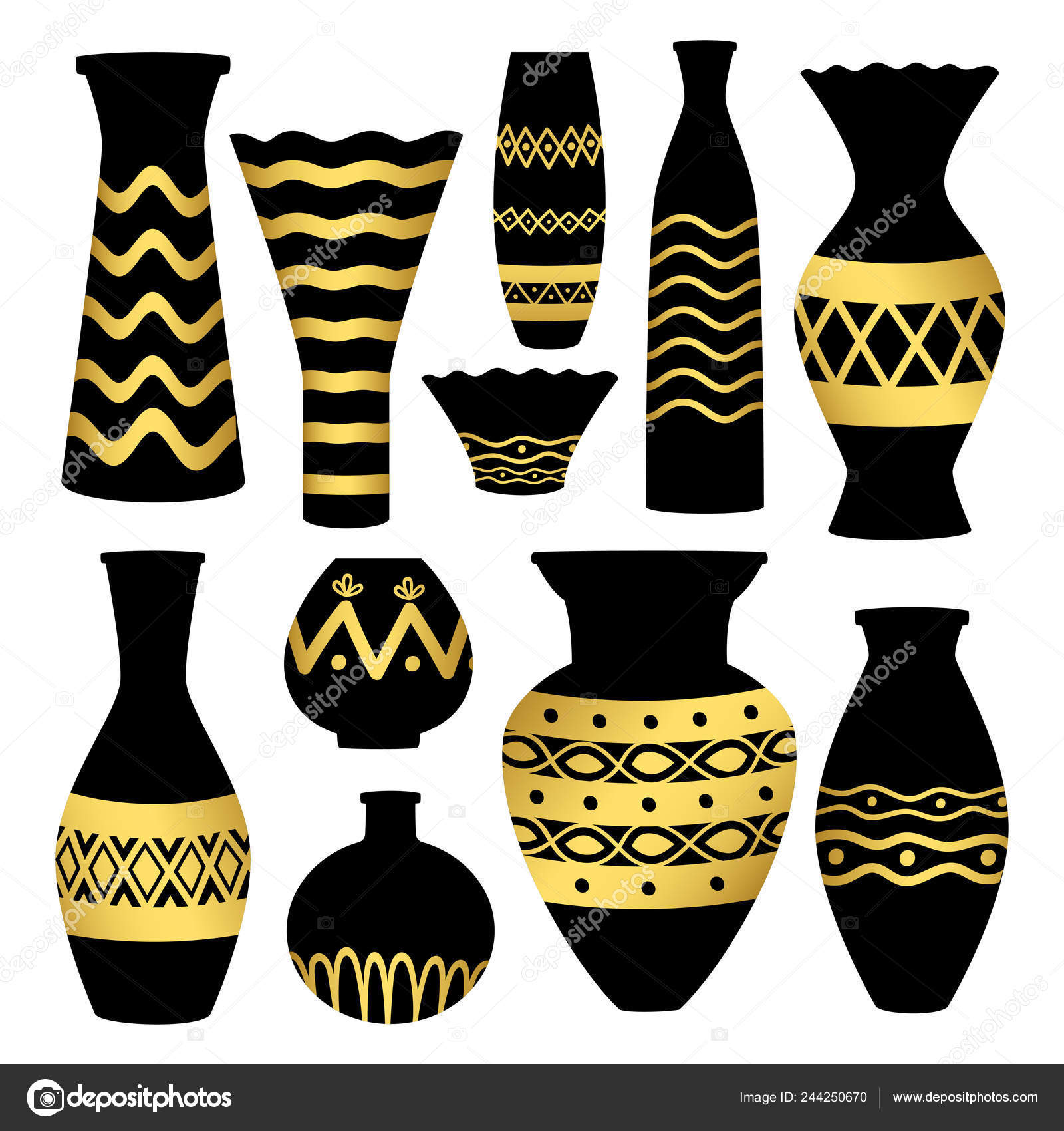 Greek Ancient Bowls And Vases With Golden Patterns Stock Vector