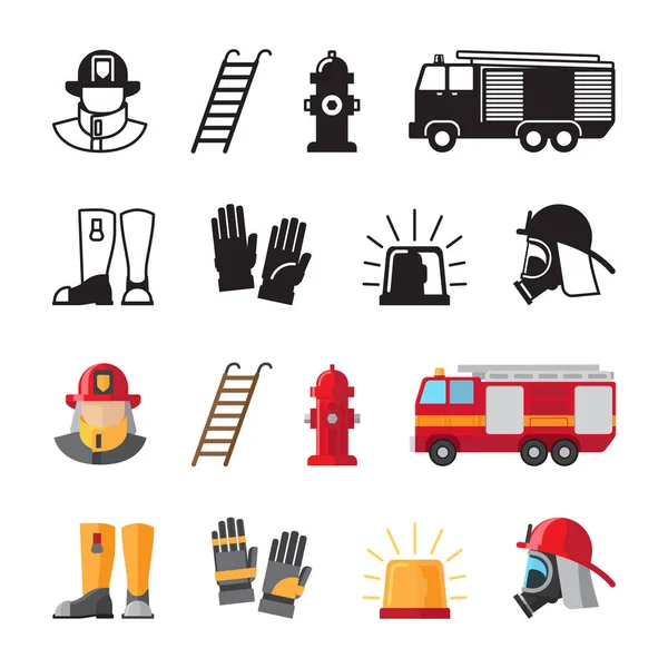 Firefighter accessorises, fireman tools vector icons isolated on white background