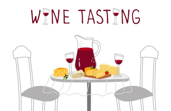 Wine tasting poster. Red wine, cheese vector illustration. Craft drinks and farm cheeses tasting