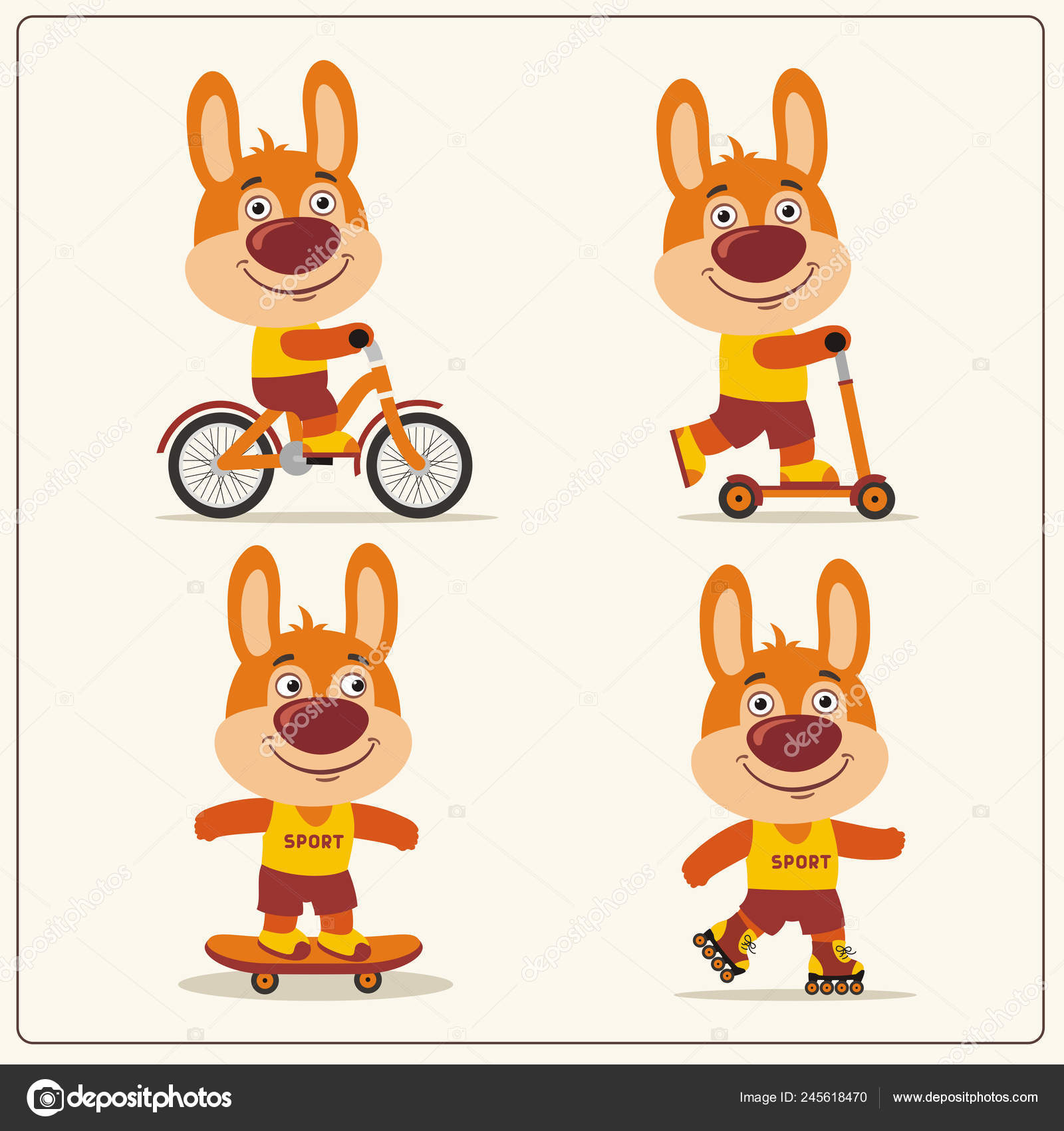 Set Funny Cartoon Characters Rabbits Bike Skateboard Scooter Roller